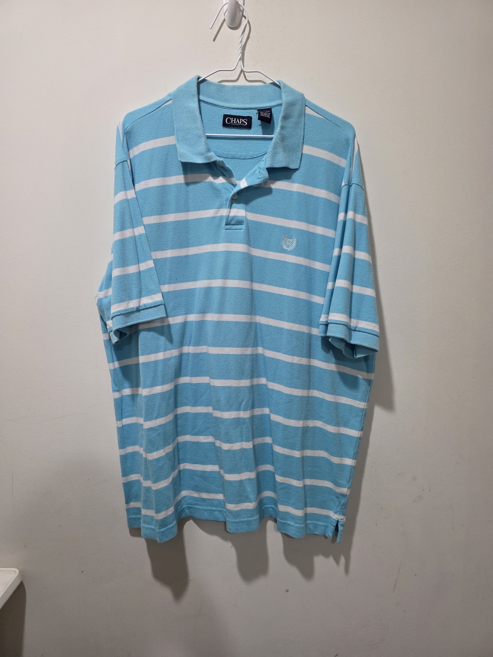 Chaps Men’s Aqua Blue and White Striped Polo Shirt